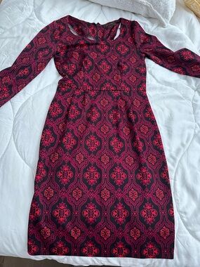 The Limited Red and Black Long-Sleeve Patterned Sheath Dress